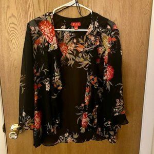 Elle XL black/floral open front flowy chiffon blouse with ruffled sleeves